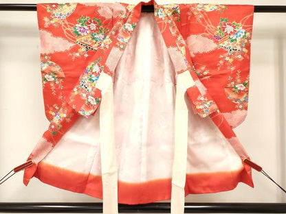平和屋着物[]七五三　女の子　３歳　祝着　三つ身　長襦袢(袷・半衿刺繍)セット　扇面糸車花文　金彩　逸品　DABA3825ma