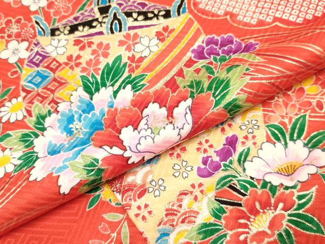 平和屋着物[]七五三　女の子　３歳　祝着　三つ身　長襦袢(袷・半衿刺繍)セット　扇面糸車花文　金彩　逸品　DABA3825ma