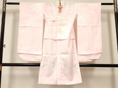 平和屋着物[]七五三　女の子　７歳　祝着　四つ身　襦袢セット　刺繍　尾長鳥花文　暈し染め　金銀彩　ラインストーン　逸品　DABA3812ma