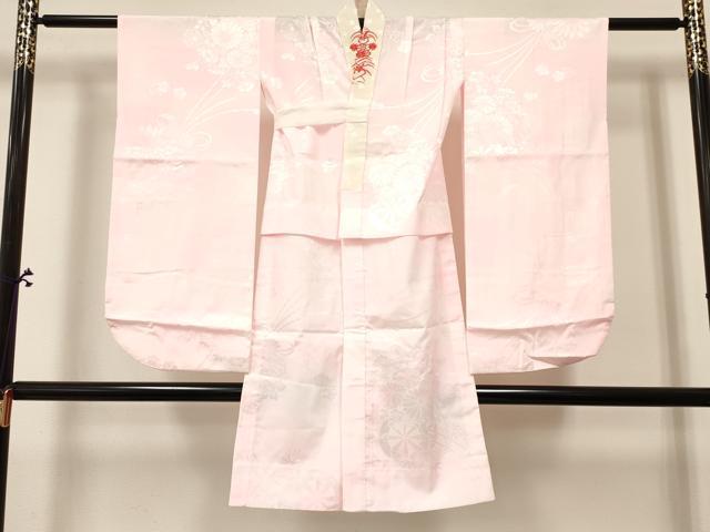 平和屋着物[]七五三　女の子　７歳　祝着　四つ身　襦袢セット　刺繍　尾長鳥花文　暈し染め　金銀彩　ラインストーン　逸品　DABA3812ma