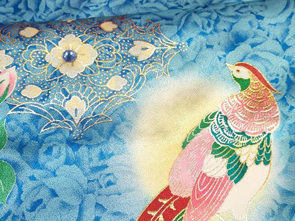 平和屋着物[]七五三　女の子　７歳　祝着　四つ身　襦袢セット　刺繍　尾長鳥花文　暈し染め　金銀彩　ラインストーン　逸品　DABA3812ma