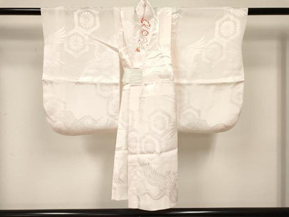 平和屋着物[]七五三　女の子　３歳　祝着　三つ身　長襦袢(袷・半衿刺繍)セット　扇面糸車花文　金彩　逸品　DABA3825ma