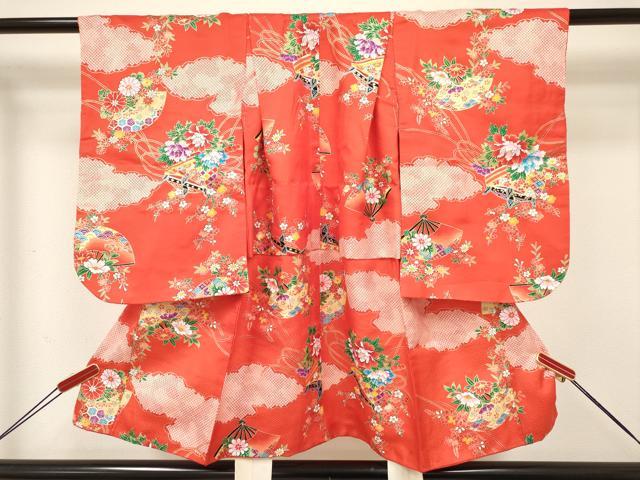 平和屋着物[]七五三　女の子　３歳　祝着　三つ身　長襦袢(袷・半衿刺繍)セット　扇面糸車花文　金彩　逸品　DABA3825ma