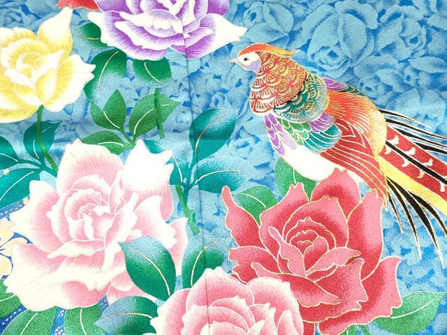 平和屋着物[]七五三　女の子　７歳　祝着　四つ身　襦袢セット　刺繍　尾長鳥花文　暈し染め　金銀彩　ラインストーン　逸品　DABA3812ma
