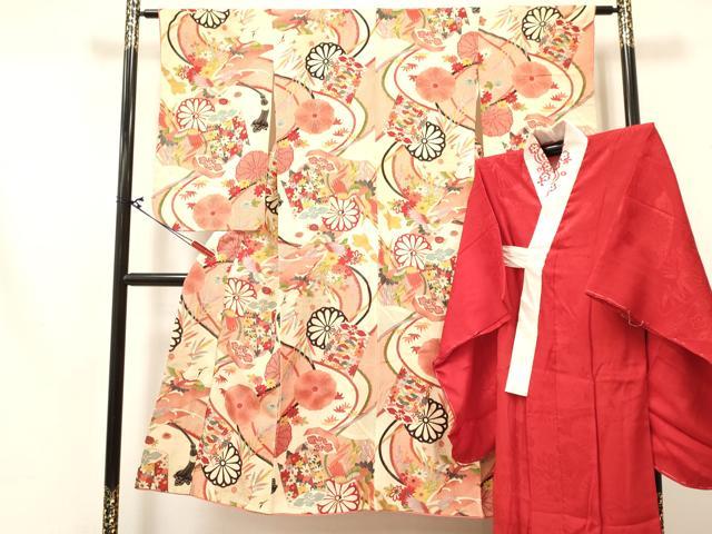 平和屋着物[]アンティーク　大正ロマン　七五三　女の子　７歳　祝着　四つ身　長襦袢セット　貝桶飛鶴花文　金銀彩　逸品　DABA3821ma