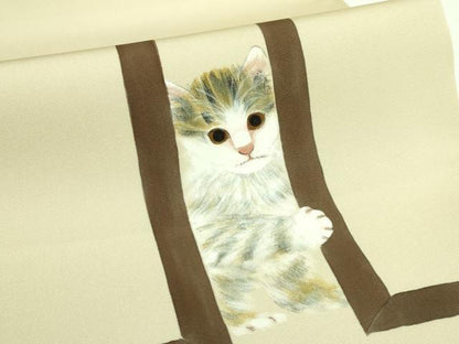 平和屋着物●極上　塩瀬　つけ帯　作家物　手描き　子猫　逸品　DZAB4259kh6