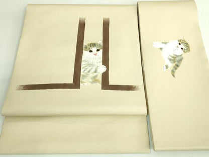 平和屋着物●極上　塩瀬　つけ帯　作家物　手描き　子猫　逸品　DZAB4259kh6