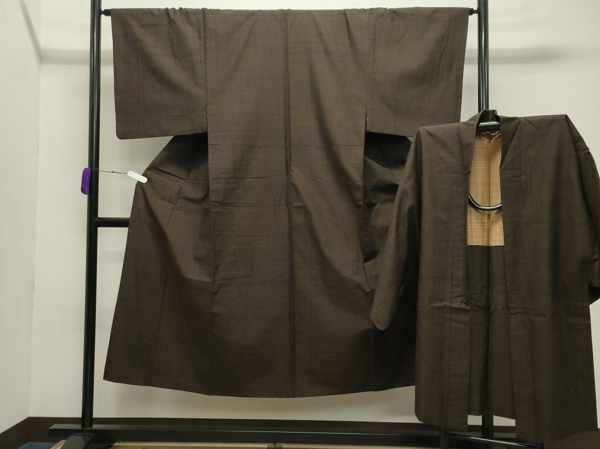 平和屋着物●男性 紬 アンサンブル 霞文 赤黒色 正絹 逸品 CABB0371gh