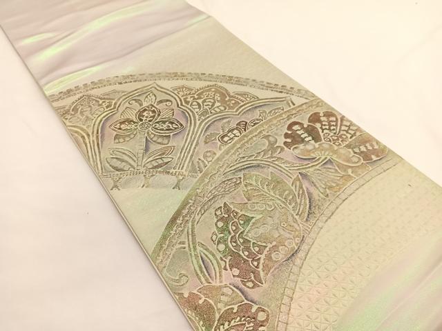 平和屋着物▼六通柄袋帯 ふくれ織 更紗飾花文 銀糸 引箔 正絹 逸品 BAAW4385hv