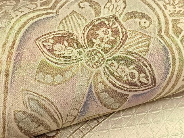 平和屋着物▼六通柄袋帯 ふくれ織 更紗飾花文 銀糸 引箔 正絹 逸品 BAAW4385hv