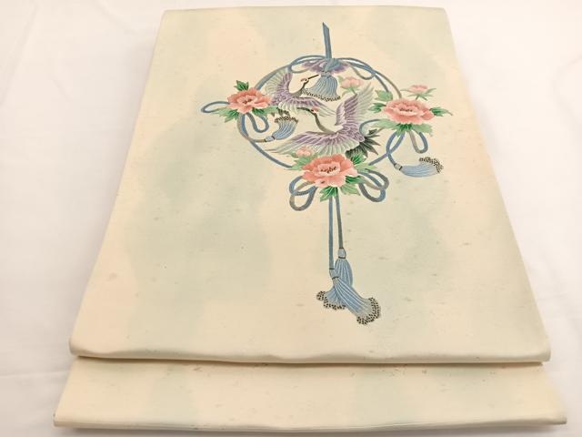 平和屋着物▼中国三大刺繍　相良刺繍　総刺繍　太鼓柄袋帯　飛鶴花文　銀糸　引箔　正絹　逸品　BAAW4386hv
