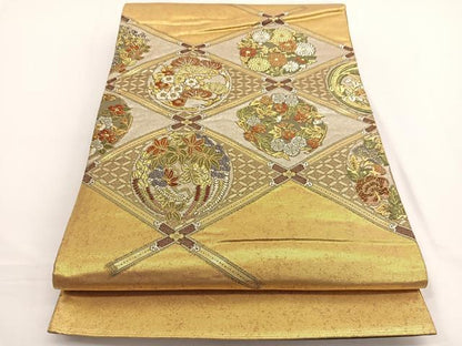 平和屋着物▼六通柄袋帯 唐織 渡来宝飾 格天井花の丸蒔絵 金銀糸 正絹 逸品 BAAW4382hv