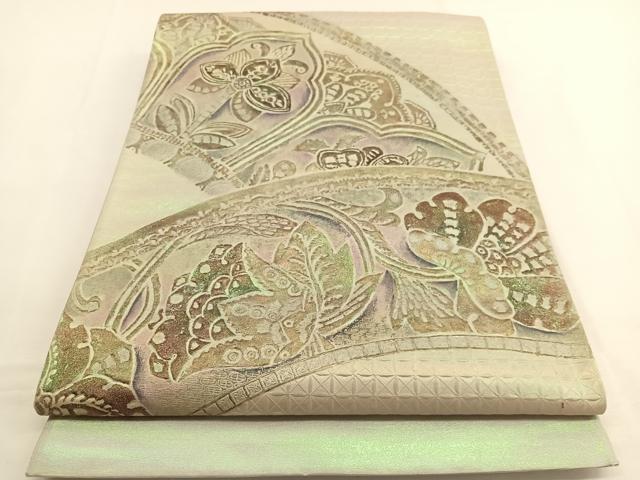 平和屋着物▼六通柄袋帯 ふくれ織 更紗飾花文 銀糸 引箔 正絹 逸品 BAAW4385hv