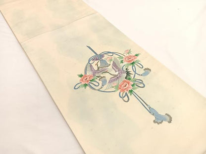 平和屋着物▼中国三大刺繍　相良刺繍　総刺繍　太鼓柄袋帯　飛鶴花文　銀糸　引箔　正絹　逸品　BAAW4386hv