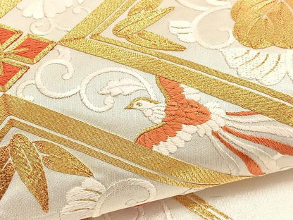 平和屋着物▼太鼓柄袋帯 総刺繍 駒刺繍 菱天井飛鳥花文 金糸 引箔 正絹 逸品 BAAW4398hv