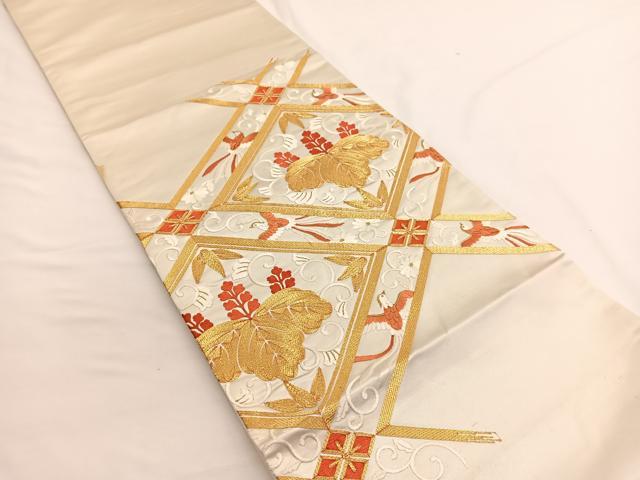 平和屋着物▼太鼓柄袋帯 総刺繍 駒刺繍 菱天井飛鳥花文 金糸 引箔 正絹 逸品 BAAW4398hv