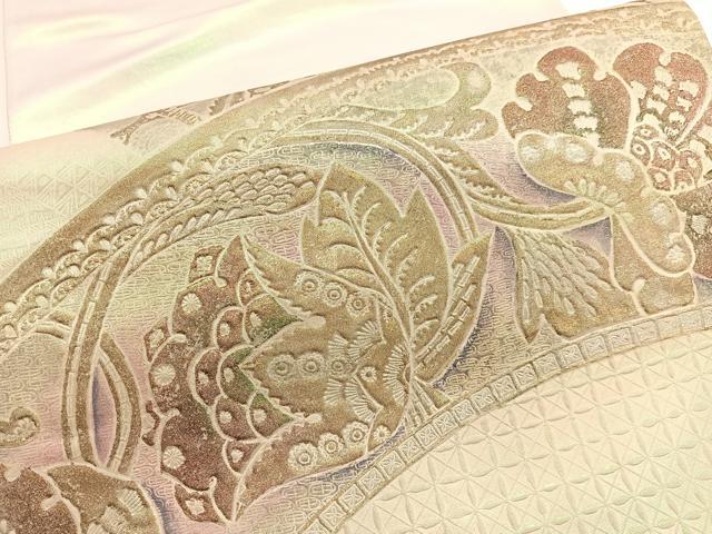 平和屋着物▼六通柄袋帯 ふくれ織 更紗飾花文 銀糸 引箔 正絹 逸品 BAAW4385hv