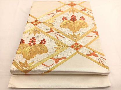 平和屋着物▼太鼓柄袋帯 総刺繍 駒刺繍 菱天井飛鳥花文 金糸 引箔 正絹 逸品 BAAW4398hv