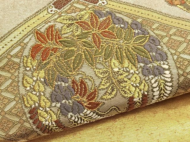 平和屋着物▼六通柄袋帯 唐織 渡来宝飾 格天井花の丸蒔絵 金銀糸 正絹 逸品 BAAW4382hv