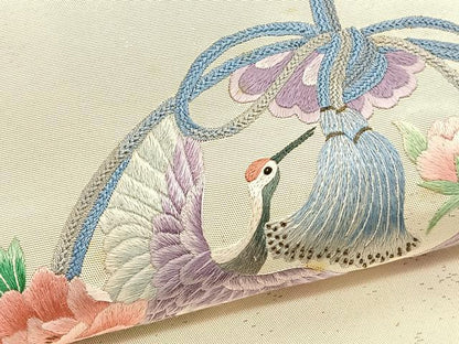 平和屋着物▼中国三大刺繍　相良刺繍　総刺繍　太鼓柄袋帯　飛鶴花文　銀糸　引箔　正絹　逸品　BAAW4386hv