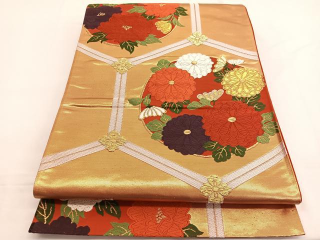 平和屋着物◎六通柄袋帯 唐織 亀甲花丸文 金糸 正絹 逸品 BAAW4444hv