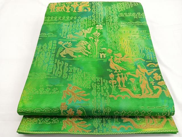 平和屋着物●両面　六通柄袋帯　シルクロード　鳥獣戯画　金糸　正絹　逸品　DABD1932ps 平和屋着物○六通柄袋帯 唐織 地紙花鳥文 金銀糸 正絹 逸品 DABB7588op