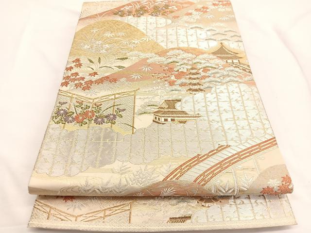 平和屋着物◎西陣 服部織物謹製 六通柄袋帯 唐織 遠山風景文 金銀糸 正絹 逸品 BAAW4465hv