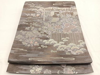 平和屋着物◎六通柄袋帯　唐織　流水風景花文　銀糸　正絹　逸品　BAAW4523hv