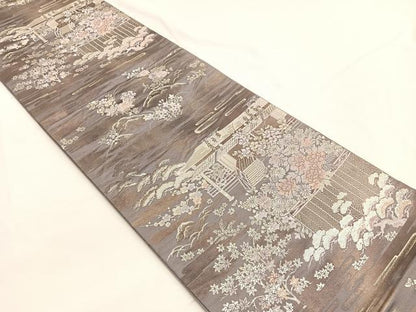 平和屋着物◎六通柄袋帯　唐織　流水風景花文　銀糸　正絹　逸品　BAAW4523hv