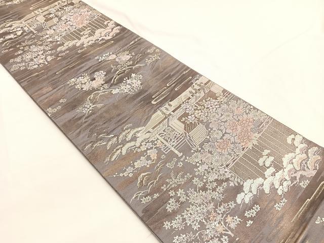 平和屋着物◎六通柄袋帯　唐織　流水風景花文　銀糸　正絹　逸品　BAAW4523hv
