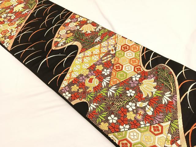 平和屋着物◎六通柄袋帯　唐織　流水宝尽くし花文　黒地　金糸　正絹　逸品　BAAW4518hv