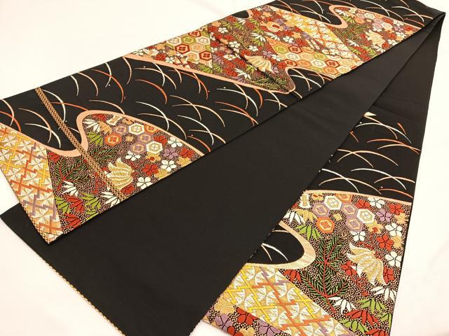 平和屋着物◎六通柄袋帯　唐織　流水宝尽くし花文　黒地　金糸　正絹　逸品　BAAW4518hv