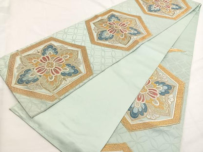 平和屋着物◎六通柄袋帯　唐織　亀甲花文　金銀糸　正絹　逸品　BAAW4532hv