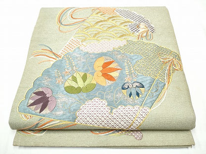 平和屋着物●アンティーク 大正ロマン 中国三大刺繍 相良刺繍 総刺繍 丸帯 駒刺繍 扇面花文 金銀糸 正絹 逸品 CABC5451hy