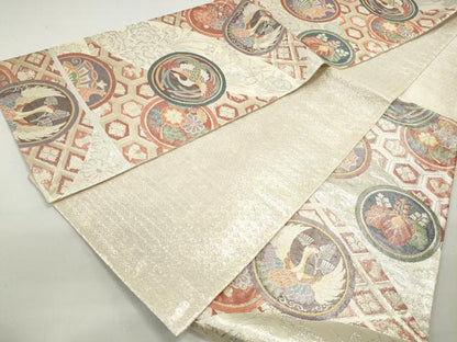 平和屋着物◎佐賀錦 六通柄袋帯 花鳥丸文 銀糸 正絹 逸品 DABC0575qa