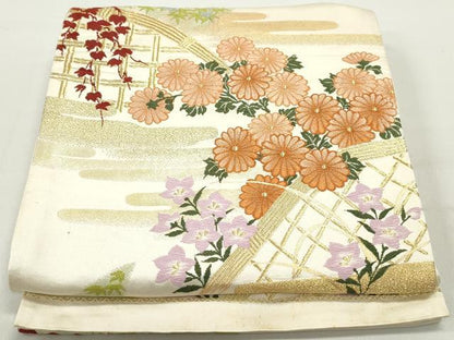 平和屋着物◎六通柄袋帯 エ霞花文 金糸 正絹 逸品 DABC0569qa