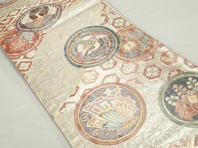 平和屋着物◎佐賀錦 六通柄袋帯 花鳥丸文 銀糸 正絹 逸品 DABC0575qa