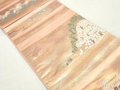 平和屋着物◎六通柄袋帯 重ね山横段文 金糸 正絹 逸品 DABC0564qa
