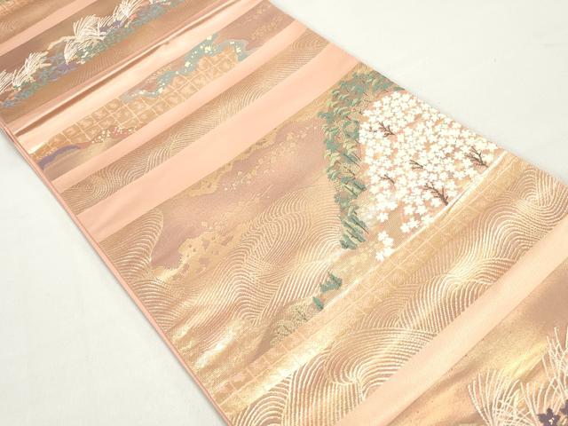 平和屋着物◎六通柄袋帯 重ね山横段文 金糸 正絹 逸品 DABC0564qa