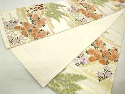 平和屋着物◎六通柄袋帯 エ霞花文 金糸 正絹 逸品 DABC0569qa