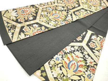 平和屋着物◎六通柄袋帯　亀甲更紗花文　黒地　金糸　正絹　逸品　DABC0568qa