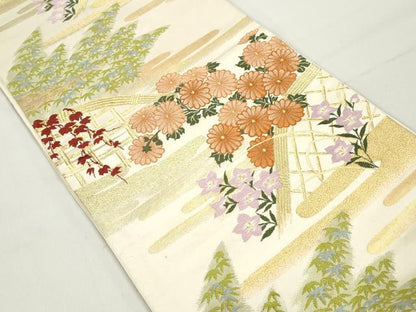 平和屋着物◎六通柄袋帯 エ霞花文 金糸 正絹 逸品 DABC0569qa