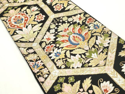 平和屋着物◎六通柄袋帯　亀甲更紗花文　黒地　金糸　正絹　逸品　DABC0568qa