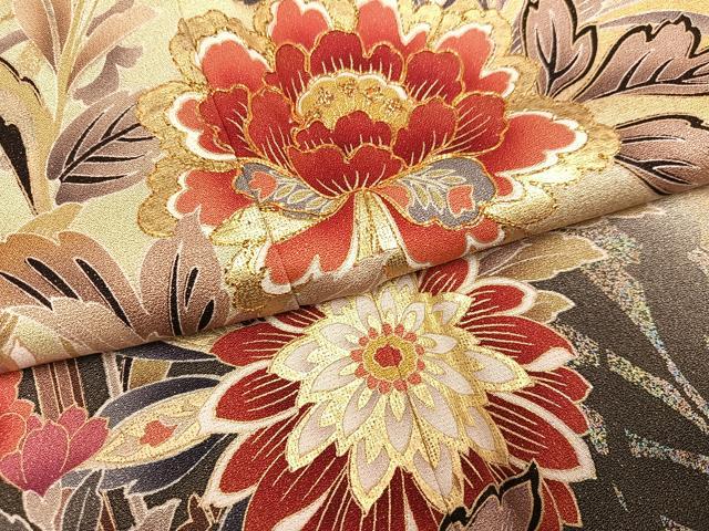 平和屋着物●豪華振袖 駒刺繍 更紗草花文 暈し染め 金彩 正絹 逸品 AABF6101ph