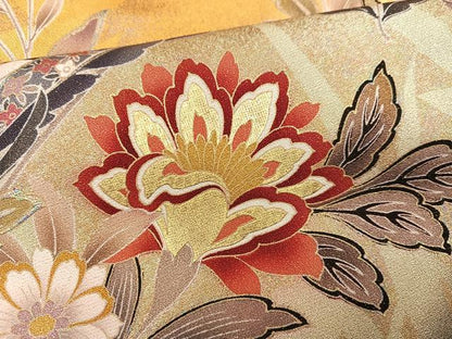 平和屋着物●豪華振袖 駒刺繍 更紗草花文 暈し染め 金彩 正絹 逸品 AABF6101ph