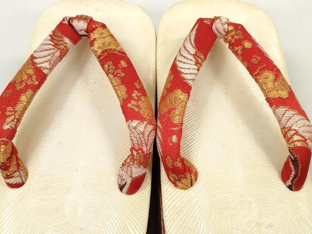 平和屋着物●和装小物　七五三 女の子　ぽっくり下駄・バッグセット　こっぽり・おこぼ下駄　丸鶴花松文　金糸　箱付き　逸品　DABA7927zzz
