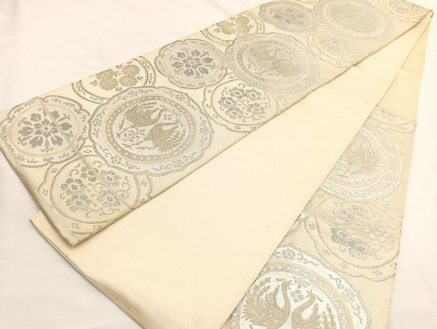 平和屋着物◎六通柄袋帯　唐織　鳳凰花絵皿文　銀糸　正絹　逸品　BAAW4536hv