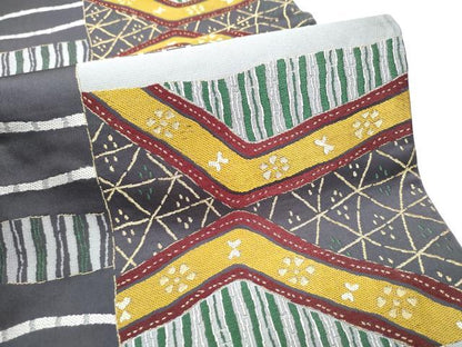 平和屋着物●六通柄袋帯 幾何学文様 金糸 正絹 逸品 CABD0401hy