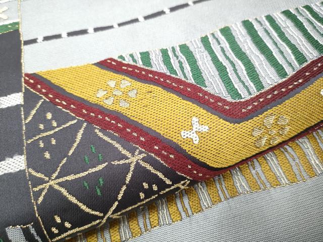 平和屋着物●六通柄袋帯 幾何学文様 金糸 正絹 逸品 CABD0401hy