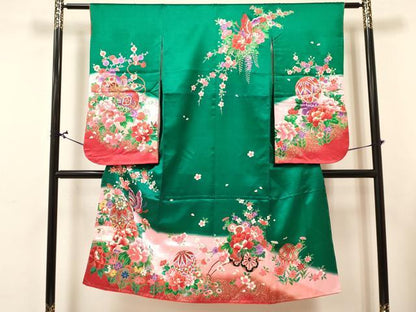 平和屋着物[]七五三　女の子　７歳　祝着　四つ身　長襦袢(単衣)セット　舞蝶鞠花車文　暈し染め　金彩　洗える着物　未使用　DABA3851ma